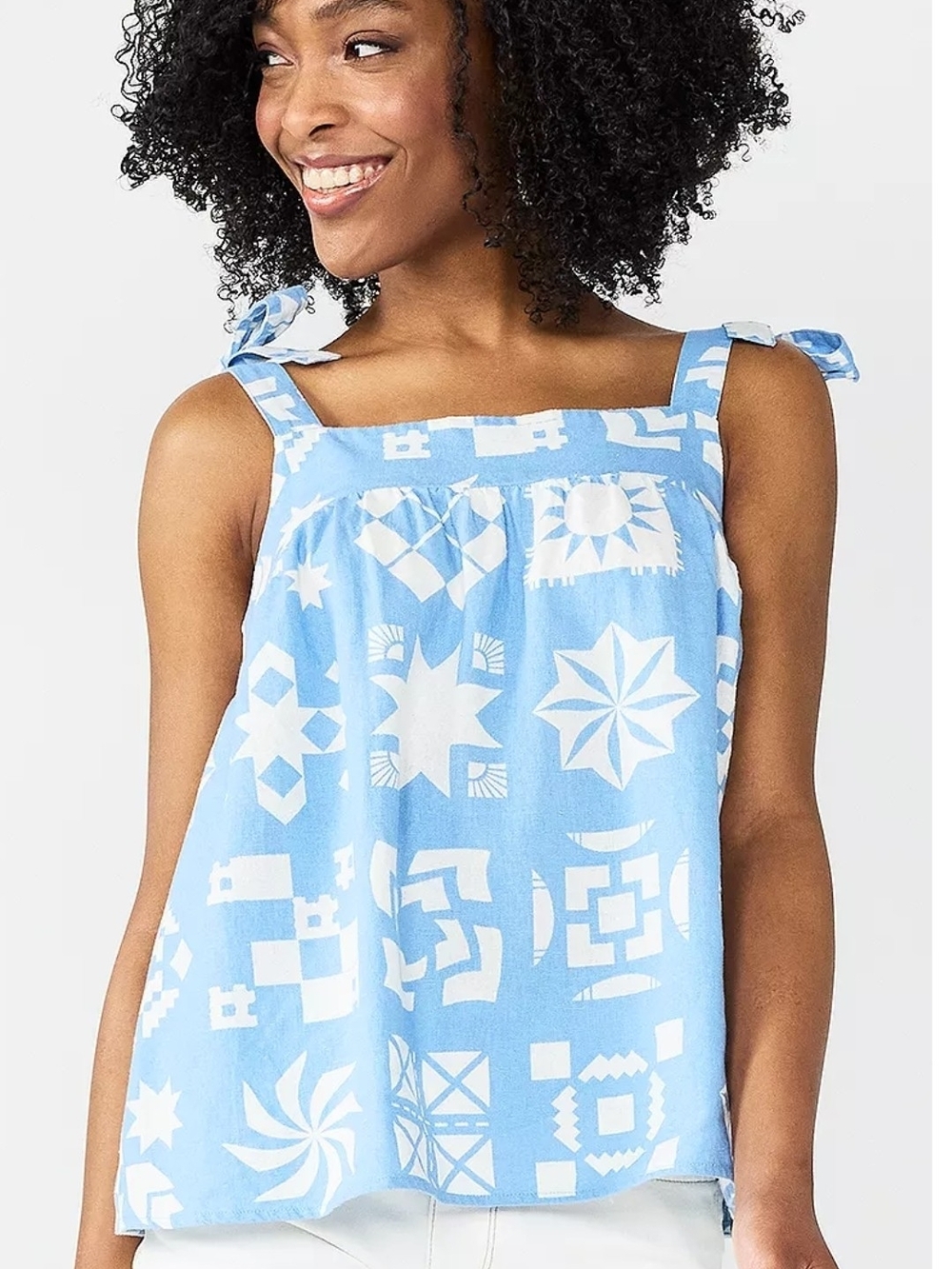 Sonoma Women's Plus Size XXL Light Blue & White Patterned Tie-Shoulder Tank Top